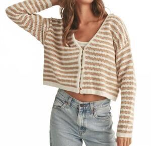 NEW MIOU MUSE crochet striped knitted cardigan in tan/white